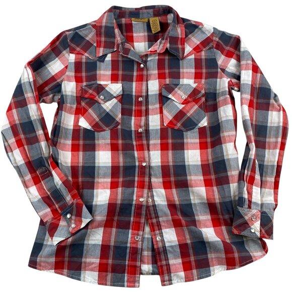 Wrangler Mens Shirt Medium Long Sleeve Western Button Up Pearl Snap Red Plaid - Picture 1 of 10